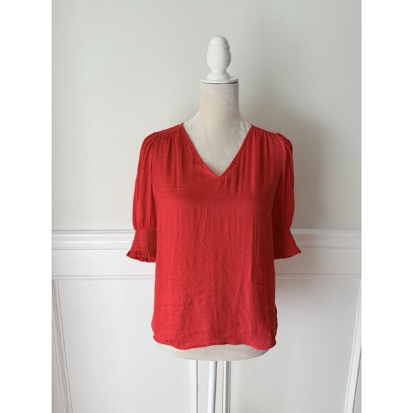 Maison DAmelie Red V-Neck Blouse XS With Ruffle Sleeves Lightweight & Flowy - Picture 2 of 6